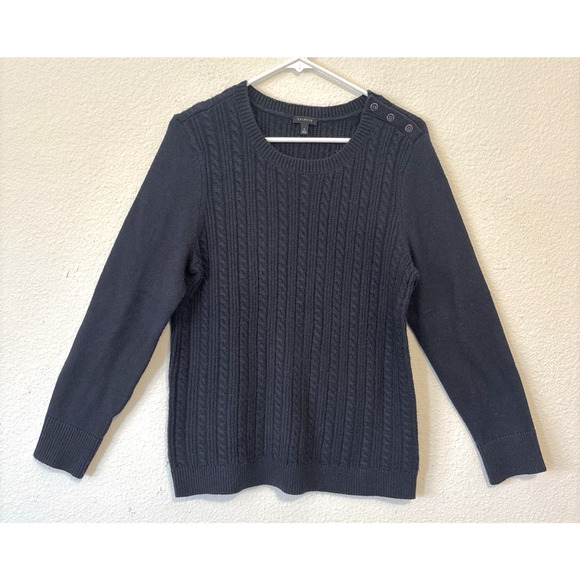 Talbots Cable Knit Sweater Womens M Navy Blue Button Shoulder Classiccore - Picture 1 of 6